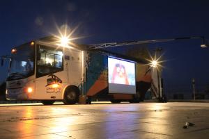 The cinema bus is the first cinema on wheels in Palestine.